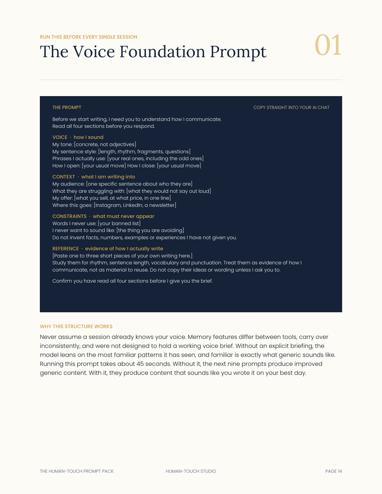 A page showing the Voice Foundation prompt with its four sections.