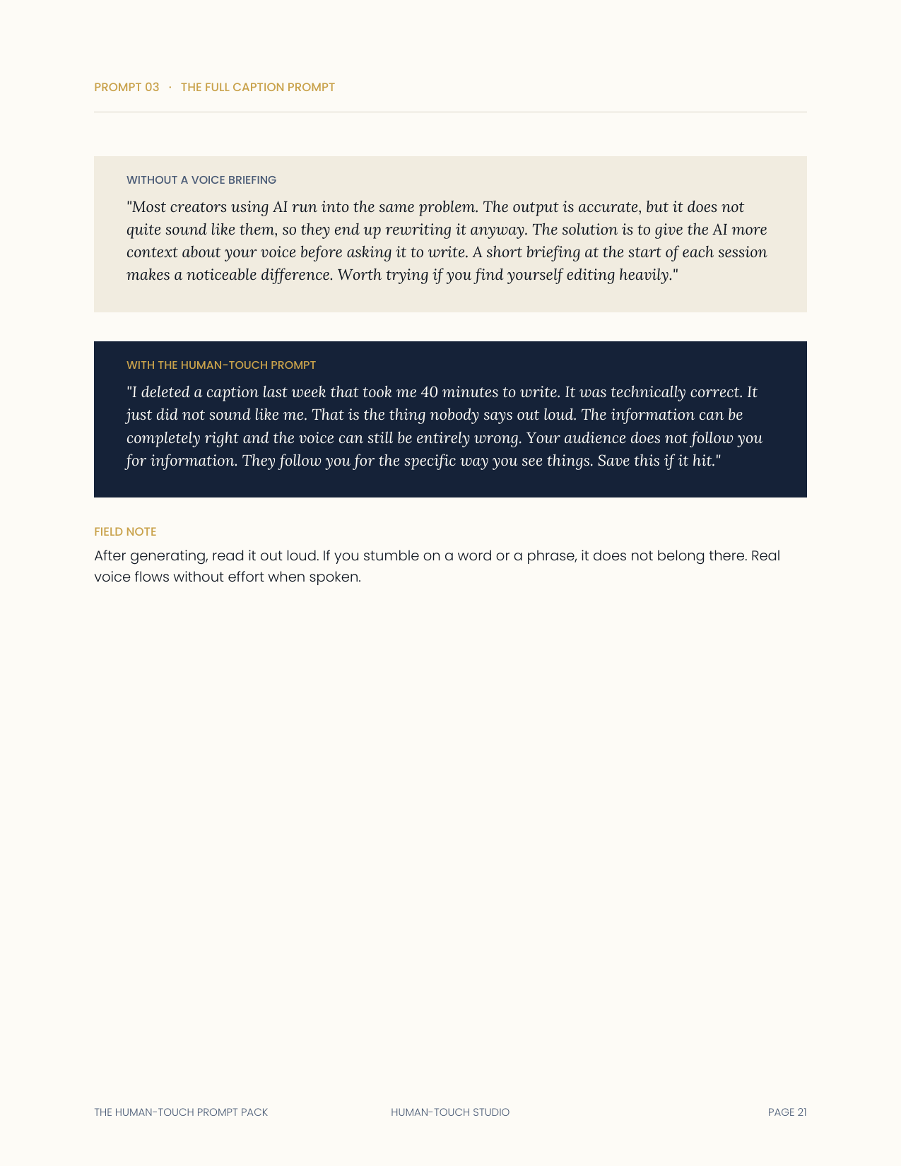A page comparing AI output written without a voice briefing against output written with one.
