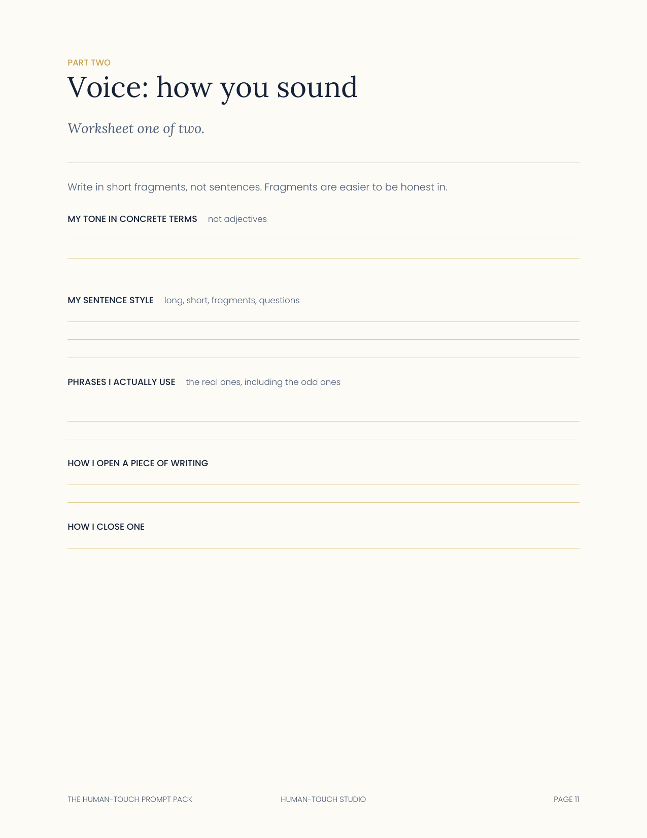 A worksheet page with ruled fields for describing tone, sentence style and phrases.